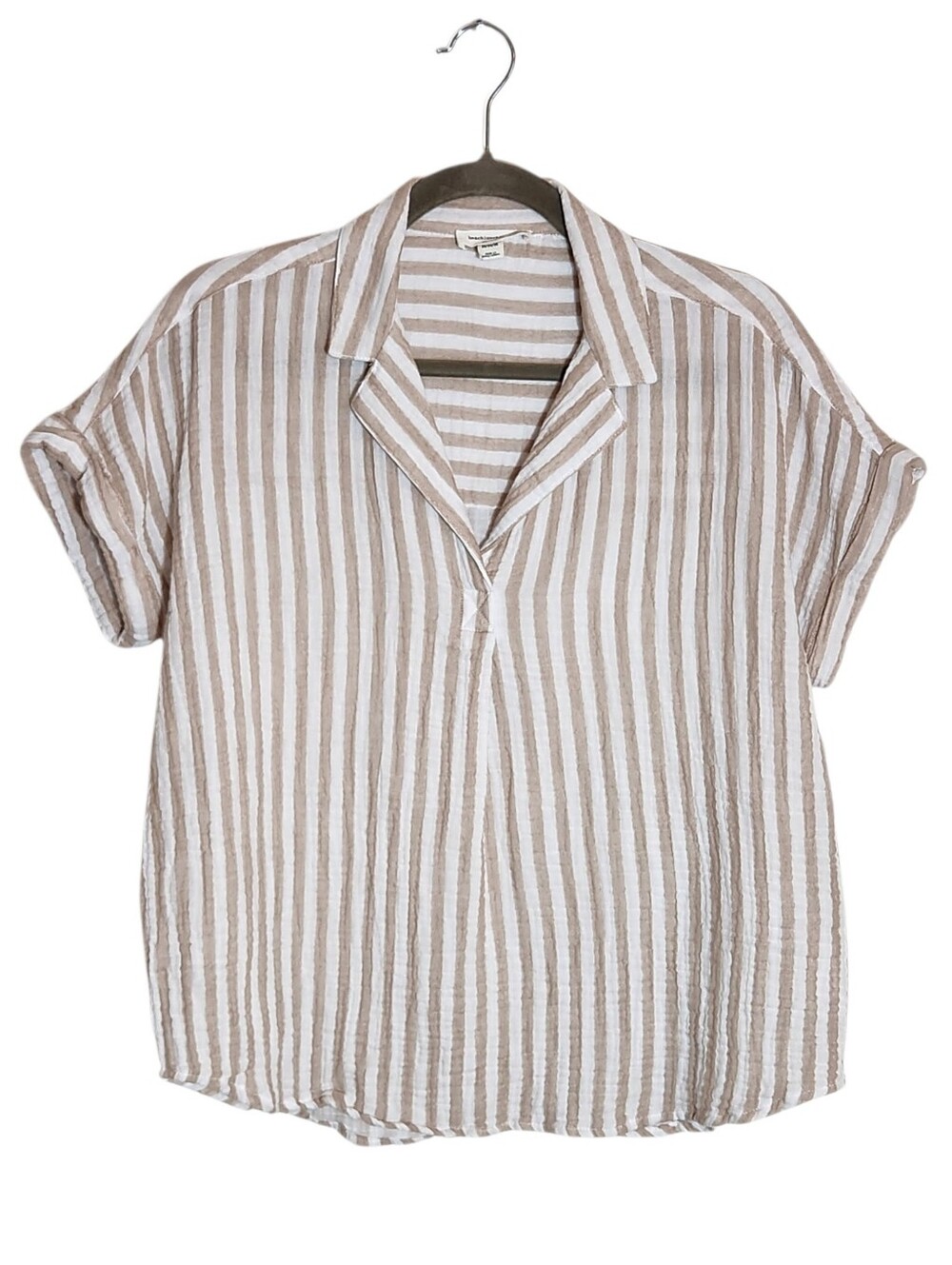 BeachLunchLounge Brown and White Striped Cotton Gauze Blouse Size Medium